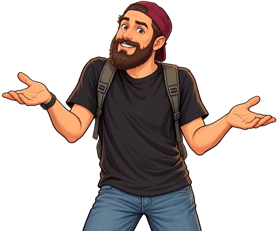 Cartoon illustration of Justin shrugging with open hands.